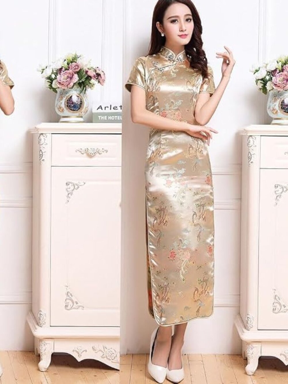 NEW Women's Qipao Cheongsam Short-Sleeved Long Dress in Gold Dragon - Size S - Picture 2 of 2